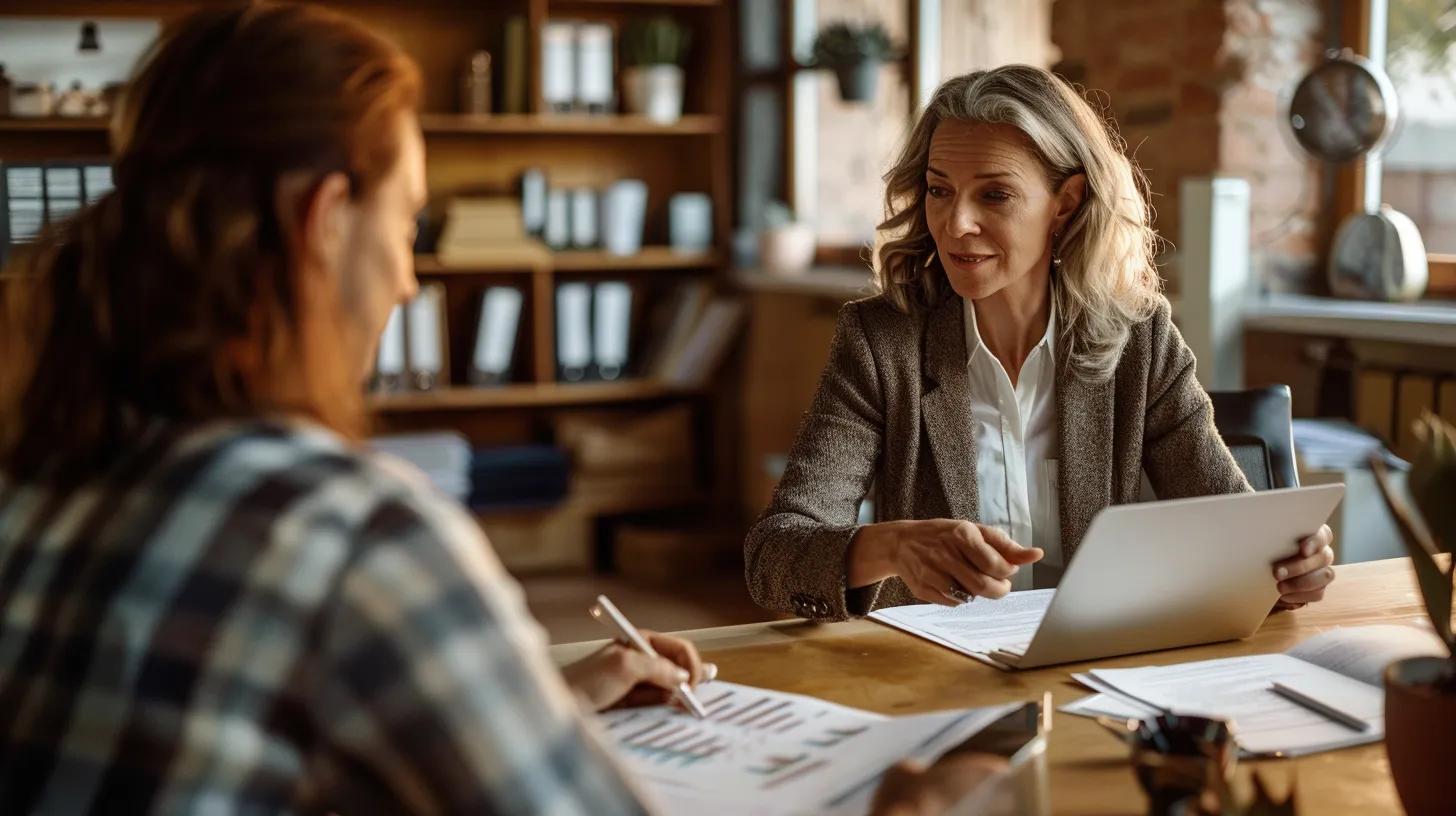 Tax consultant assisting a client in a professional office