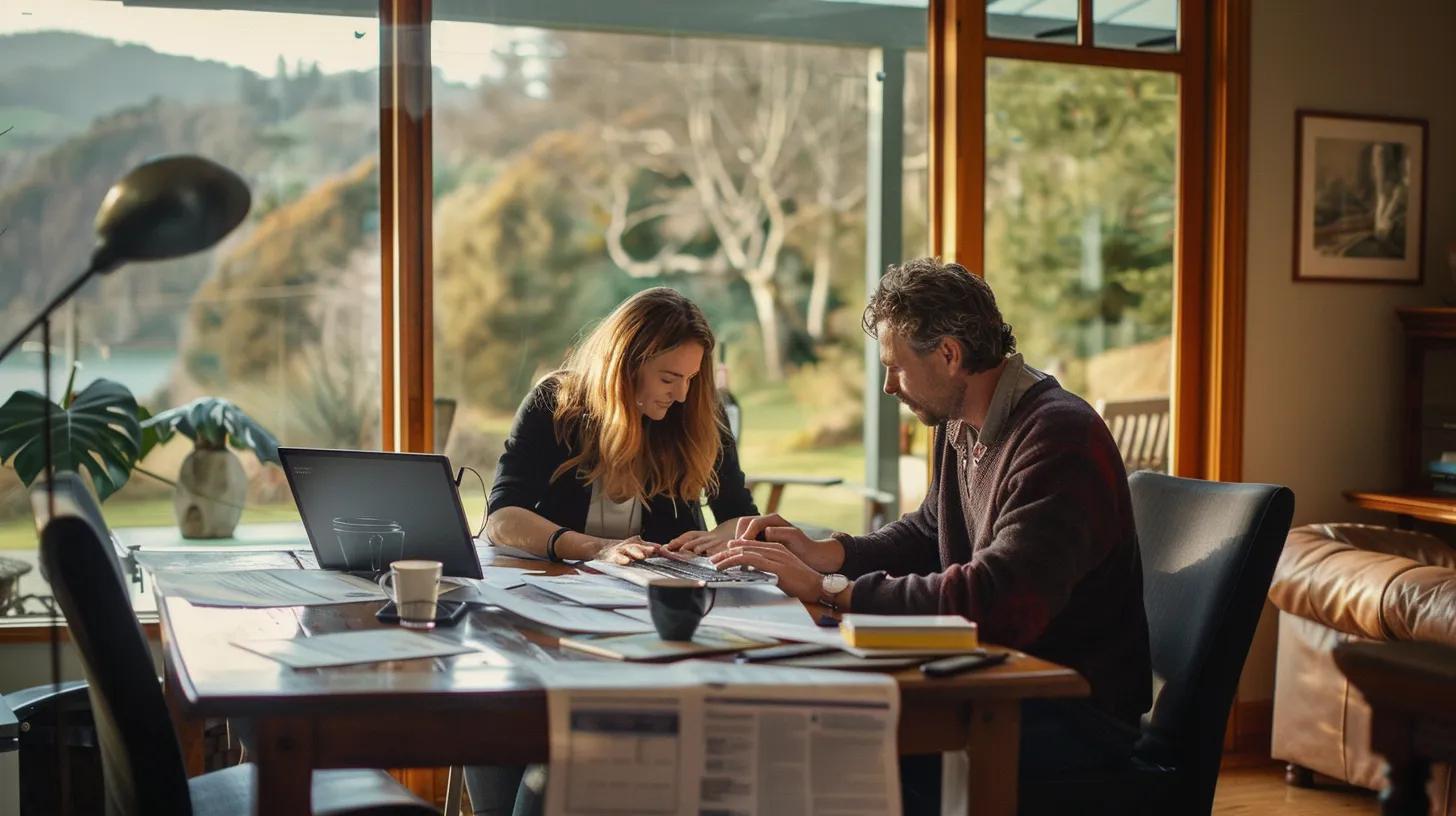 US expat couple reviewing tax documents in a comfortable New Zealand home